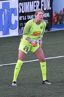 Western New York Flash goalkeeper Britt Eckerstrom wears the Sahlen's logo on her shirt while playing in Sahlen's Stadium Britt Eckerstrom.jpg