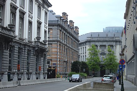 Flemish Parliament building seen here at a distance, at the intersection of Hertogsstraat & Drukpersstraat, formerly the headquarters of Belgian Post until 1987