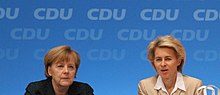 Angela Merkel, first woman Chancellor of Germany and Ursula von der Leyen, first woman Minister of Defence of Germany, later, first woman President of the European Commission CDU Parteitag 2014 by Olaf Kosinsky-16.jpg