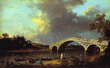 Erste Walton Bridge 1750–1783 auf einem Gemälde von Canaletto (1754)