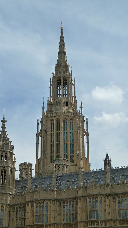 The Central Tower of the Palace of Westminster. This octagonal spire was for ventilation purposes, in the more complex system imposed by Reid on Barry, in which it was to draw air out of the Palace. The design was for aesthetic disguise of its function.[26][27]