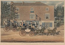 The Tally-Ho road coach in its heyday Charles Bentley - Coaching, The Birmingham Tally-Ho^ Coaches Passing the Crown at Holloway - B1985.36.847 - Yale Center for British Art.jpg