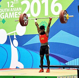 Chathuranga Lakamal Jayasooriya Arachchilage (Sri Lanka) en action et a remporté la médaille de bronze en haltérophilie 56 kg hommes, aux 12e Jeux d'Asie du Sud-2016, à Dispur, Guwahati le 06 février 2016.jpg