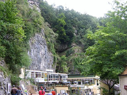 Exposed limestone cliffs above visitor centre and restaurant