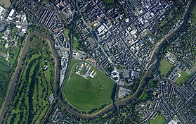 An aerial photograph of central Chester and the River Dee