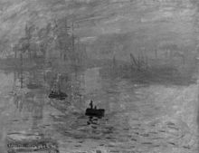 Desaturated version of the painting: the Sun is virtually invisible. Claude Monet, Impression, soleil levant, 1872 BW.jpg