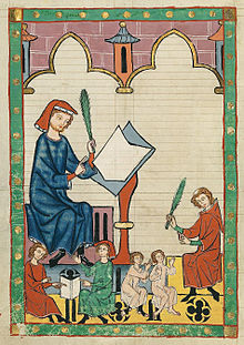 Codex Manesse, fol. 292v, "The Schoolmaster of Esslingen" (Der Schulmeister von Esslingen) Codex Manesse Schulmeister von Esslingen.jpg
