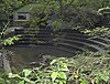 Gradini semicircolari in pietra, parzialmente oscurati da alberi.  Acqua a sinistra