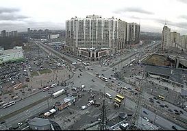 Вид на перекрёсток проспекта Испытателей и Коломяжского проспекта (справа вверху)