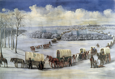 モルモン教徒が、イリノイ州ナヴーから氷結したミシシッピ川を幌馬車で越える情景(1878年作)