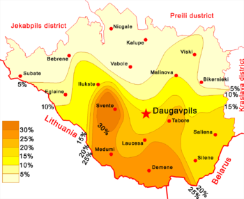 Percentage of ethnic Poles in Daugavpils district (2006) Daugavpils district ethnic Poles percentage.png