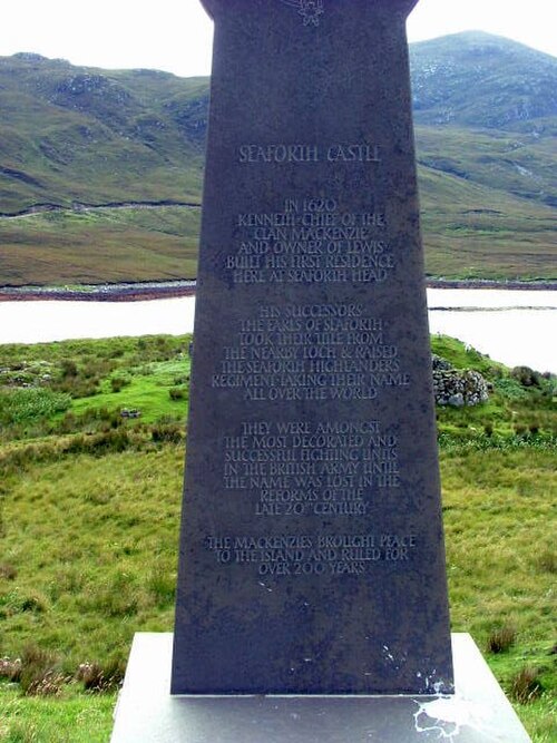 Commemorative stone to the Mackenzies of Seaforth on the Isle of Lewis. The Mackenzie chief's title of Earl of Seaforth took its name from Loch Seafor
