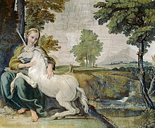 Fresco of a woman holding a unicorn