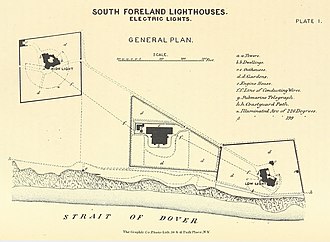 Map showing the power station positioned between the two lighthouses ELLIOT(1875) p075 - Plate I. South Foreland, general plan of light-houses.jpg