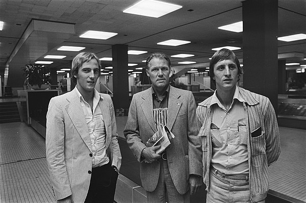 Three of the most notable figures of the Totaalvoetbal school: Johan Neeskens, Rinus Michels and Johan Cruyff in 1976