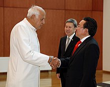 Farooq Abdullah with the President of Mongolia Tsakhia Elbegdorj during his oath taking ceremony in Ulaanbaatar in 2013. Farooq Abdullah with the Mongolian President, Mr. Tsakhia Elbegdorj, in Ulaanbaatar. Dr. Abdullah is in Mongolia to attend the oath taking ceremony of Elbegdorj.jpg