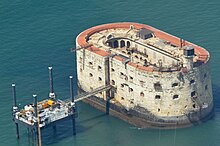 Fort Boyard, seen from the air, during filming of the game show (June 2021)