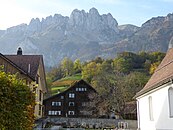 Strickbau in Frümsen, im Hintergrund Kreuzberge und Saxerlücke