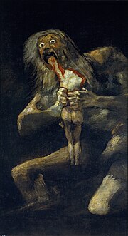 Painting of a ghoulish, naked man holding a bloody, naked body and devouring the arm.