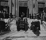 Funeral of Justice Pierce Butler, members of the Supreme Court, standing on the right, from left to right, retired Justice Willis Van Devanter, Justices Felix Frankfurter, Hugo Black, Harlan Stone; Chief Justice Charles Evans Hughes and Thomas E. Waggaman, Marshal of the United States Supreme Court, following high requiem mass at St. Matthew's Cathedral. Standing on the left, from left to right, Justices Owen J. Roberts, Stanley Forman Reed, William O. Douglas, and retired Justice George Sutherland.