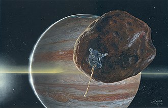 Artist's concept of Galileo passing near Jupiter's small inner moon Amalthea Galileo Amalthea artwork.jpg