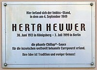 Plaque in Charlottenburg, Berlin, where Herta Heuwer is said to have invented the currywurst