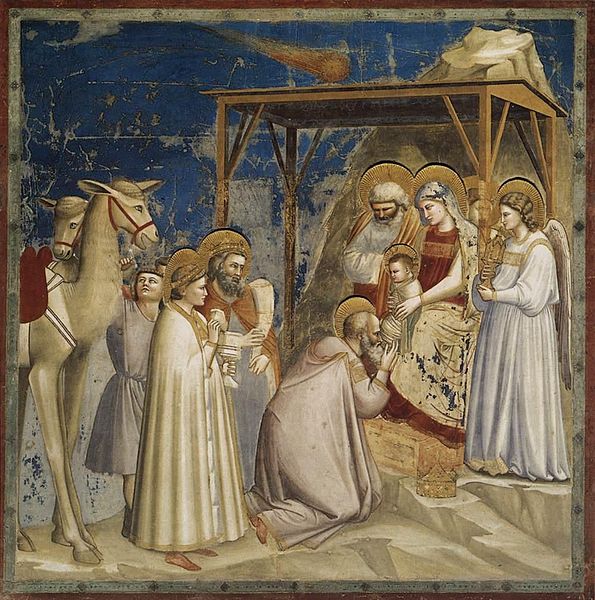 Fresco by Giotto, Scrovegni Chapel in Padua. Sky and blue mantle of Maria were painted a secco, and large part of the painting is now lost