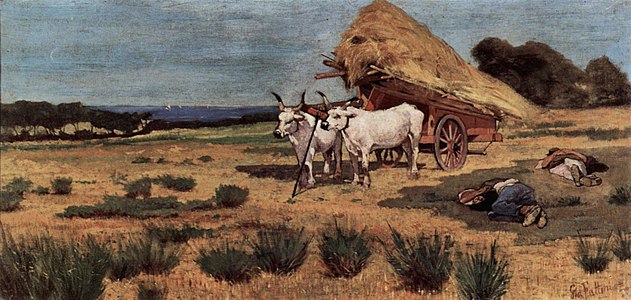 249 Pair of oxen hitched to a straw cart label QS:Len,"Pair of oxen hitched to a straw cart" 1873