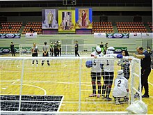 Iran women's goalball team. Goalball at the IBSA Asia regional championships, Din Daeng, Bangkok, Thailand (Aug 2017). Goalball-2017 Asia-Pac Regional IRI F time-out.jpg