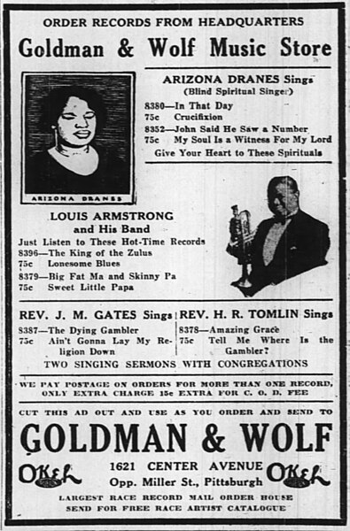 File:Goldman Wolf Music Store November 1926 ad with Arizona Dranes and Louis Armstrong.jpg