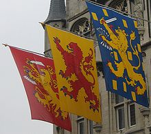 The banners of the Dutch Republic, the County of Holland and the Kingdom of the Netherlands, hanging from the town hall in Gouda Gouda Arms of Dutch republic County Holland Kingdom The Netherlands.JPG
