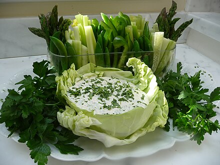 Vegetables served with a green goddess dressing dip