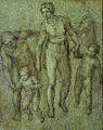 'The Holy Family with St John the Baptist', brush and brown wash on panel by Michelangelo