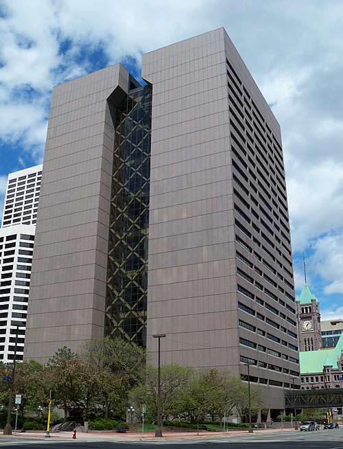 The Hennepin County Government Center, located in the county seat of Minneapolis. Its stylized letter "H" shape serves as the logo for Hennepin County