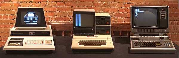 Three microcomputer systems frequently associated with the first wave of commercially successful 8-bit home computers: The Commodore PET 2001, the App