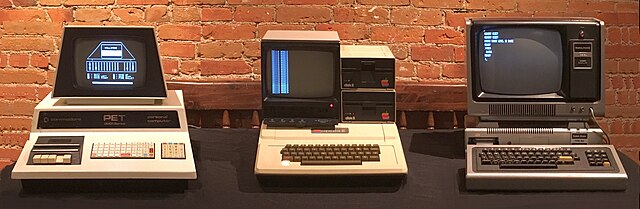The three personal computers referred to by Byte Magazine as the "1977 Trinity" of home computing: The Commodore PET, the Apple II, and the TRS-80 Mod