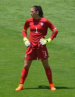 Hope Solo, who shares with Iker Casillas the record for most international clean sheets by any goalkeeper, with 102. Hope in San Jose.jpg
