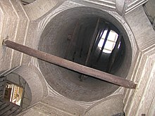 Inside the pedestal of the cast of Trajan's column. The roof window of the Cast Court can be seen through the top of the "chimney". There is also a small aperture on top of the pedestal through which the upper gallery of the Cast Court can be seen. Inside the cast of Trajan's column.JPG