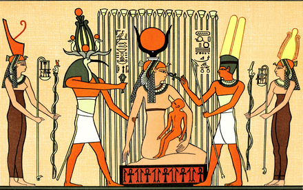 The Egyptian goddess Isis surrounded by gods breastfeeds her son the sky god Horus