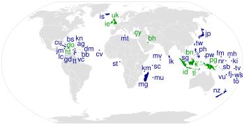 Sovereign states and a de facto state (Taiwan) fully on islands: those with land borders shaded green, and those without shaded dark blue (Bahrain (bh) should be shaded green as it shares a small land border with Saudi Arabia on Passport Island).

Countries/territories not shown on the map: Australia (au) (continental country), the Cook Islands (ck) (free association with New Zealand), Greenland (gl) (dependent territory of the Kingdom of Denmark), Niue (nu) (free association with New Zealand), and Puerto Rico (pr) (unincorporated U.S. territory). Island nations.svg