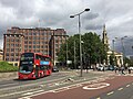 From left to right - James Clerk Maxwell Building (KCL Waterloo campus), St John's Church and The Shard (from afar).