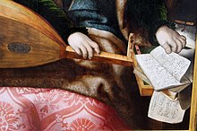 Jan sanders van hemessen (bottega) e monogrammista braunschweiger, maria maddalena e sullo sfondo cristo in casa di marta, 1540 ca.  02 spartiti.JPG
