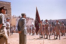 טקס הקמת צה"ל בגימנסיה רחביה בירושלים, 1948, משה מרלין לוין, אוסף מיתר, הספרייה הלאומית