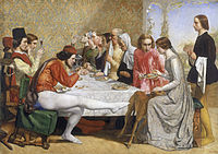 Painting of a group at a table eating