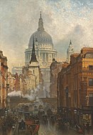 Olio su tela di John O'Connor, Evening on Ludgate Hill (1887) la cattedrale di Saint Paul è visibile dietro la chiesa di Saint Martin