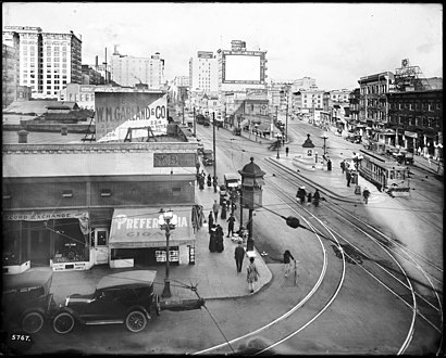 9th at Main and Spring, looking north, c. 1917. The Miller Theatre (1913) and Hotel Huntington are among the buildings in view.
