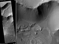Layers west of Juventae Chasma, as seen by HiRISE. Scale bar is 500 meters long.