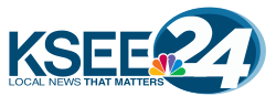 At left, the letters K S E E in a sans serif with stylized cuts. At right, a two-tone blue oval containing a white numeral 24, overlaid by the NBC peacock at the lower left. Beneath the K S E E letters are the words "Local News that Matters".