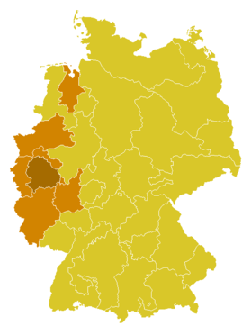 A província eclesiástica de Colônia, com a Arquidiocese de Colônia em marrom escuro.