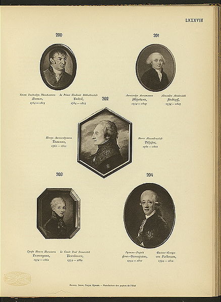 File:Kniaz' Vladimir Mikhailovich Iashvil', 1764-1815; Aleksandr Alekseevich Zherebtsov, 1754-1807; Petr Aleksandrovich Talyz (1905-1909).jpg